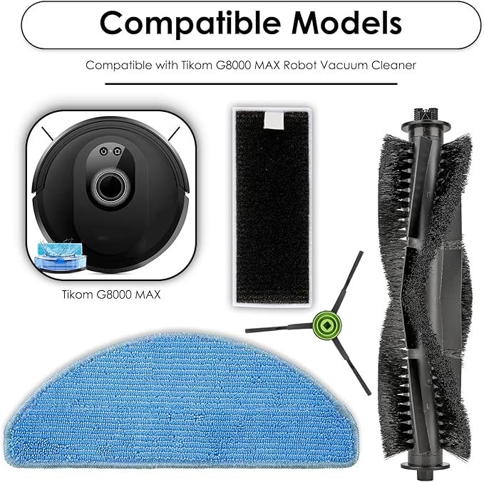 (24 Pack) G8000 MAX Replacement Parts Compatible with Tikom G8000 MAX Robot Vacuum Cleaner, 2 Roller Brushes, 10 Side Brushes, 8 HEPA Filters, 4 Mop Pads, Accessories Kit