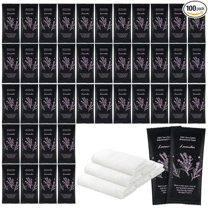 Hot or Cold Moist Cotton Towel Bulk Moist Towelettes Individually Wrapped 8.7" x 8.7",White Towel Services,Refreshment Pre Moistened Towels Lavender Scent for Travel Sport Party Spa Dentist Hotel100