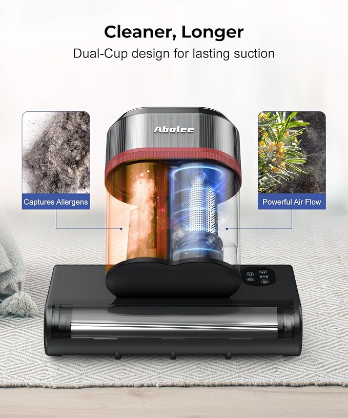 Abolee Bed Vacuum Cleaner, 6-in-1 Mattress Vacuum Cleaner Bed Vacuum Cleaner with UV-C Light & 15kPa Suction, Powerful Double-Cup Handheld Vacuum, Corded Handheld Vacuum for Dust, Silver-Gray