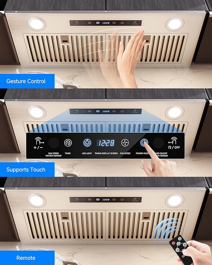 AMZCHEF Range Hood Insert 30 Inch, 900CFM Stainless Steel Kitchen Vent Hood 3 Speed Exhaust Fan Touch/Remote/Gesture Control LED lights Time Setting Dishwasher-Safe Baffle Filters