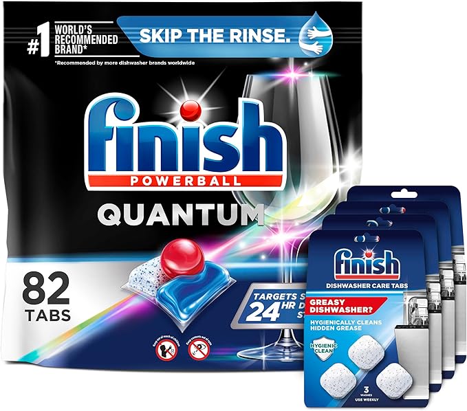 Set: Finish - Quantum 82ct Dishwasher Detergent Powerball Ultimate Clean & Shine Dishwashing Tablets Dish Tabs & Finish In-Wash Dishwasher Cleaner: Clean Hidden Grease and Grime, 3 Count Pack of 4