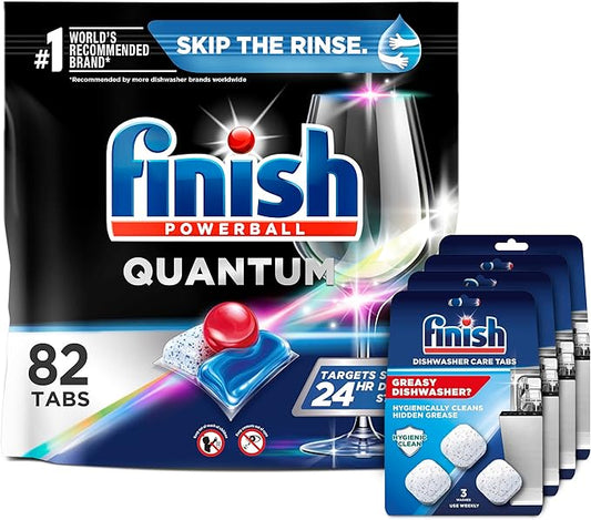 Set: Finish - Quantum 82ct Dishwasher Detergent Powerball Ultimate Clean & Shine Dishwashing Tablets Dish Tabs & Finish In-Wash Dishwasher Cleaner: Clean Hidden Grease and Grime, 3 Count Pack of 4