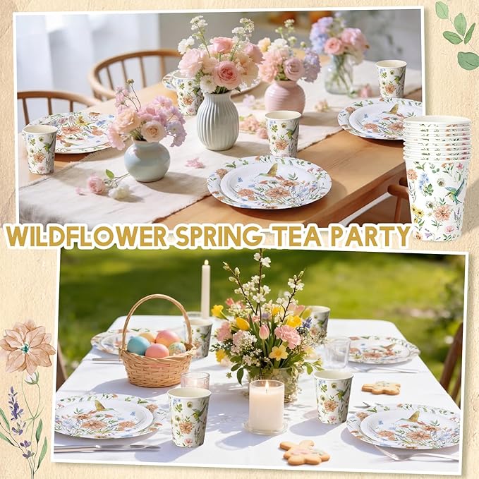 Pickmesh 250 Pcs Spring Wildflower Decoration Floral Hummingbird Themed Disposable Paper Plates Napkins and Cups Dinner Tableware for Birthday Party Dinnerware Birthday Baby Shower Tea Party Supplies