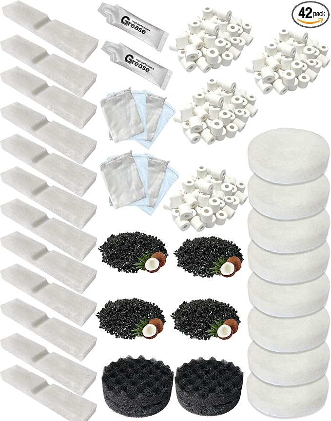 42 PCS Aquarium Media Kits Replacement for Fluval FX2 / FX4 / FX5 / FX6 Canister Filters, Including Bio-Foam Block, Carbon Sponge Filter, Ceramic Ring, Activated Carbon, Silicone Lubricant, Filter Pad