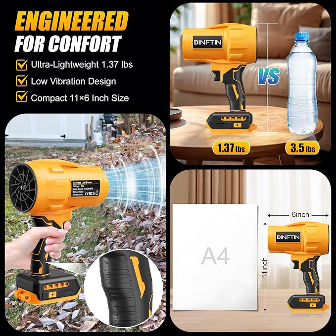 Dinftin Brushless Cordless Leaf Blower Compatible for DeWalt 20V Battery(Tool Only), 125MPH 430CFM Variable Speed Turbo Blower, Lightweight Handheld Blower for Lawn, Garage, Snow, Patio