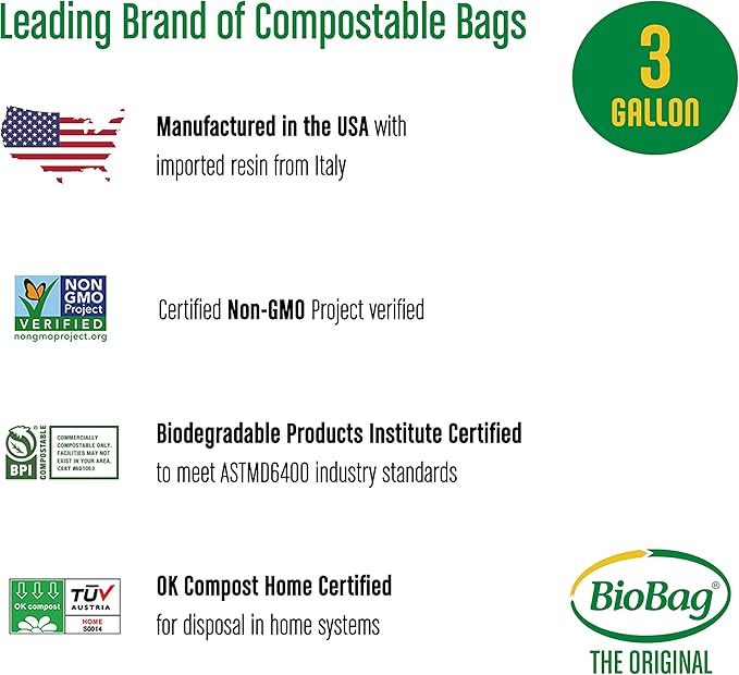 BioBag (USA), The Original Compostable Bag, 3 Gallon, 300 Total Count (12 Boxes of 25 Count), 100% Certified Compostable Kitchen Food Scrap Bags, Kitchen Compost Bin Compatible