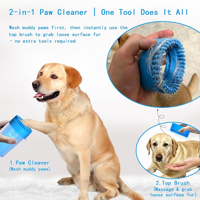 Dog Paw Cleaner Cup with Detachable Top Brush for Large & XL Dogs | Quick-clean muddy paws with soft bristles, one-step top brush grabs loose fur, lazy-friendly design, fits paws 2.5-3.5“ wide
