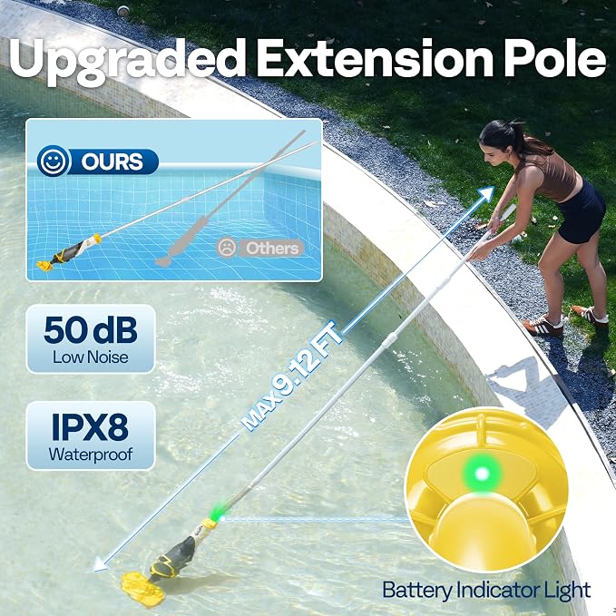 VIVOHOME Cordless Pool Vacuum with Telescopic & Extension Poles 9.12ft, 18.5 GPM Suction, 60-Min Run Time, Handheld Cleaner Rechargeable with Battery Indicator for Pools/Spas/Hot Tubs - Yellow