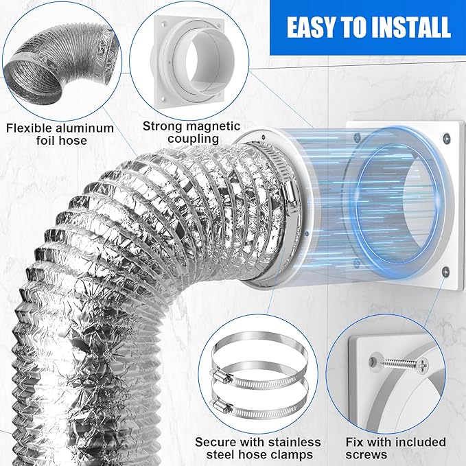 Magnetic Dryer Vent Coupling, Airtight Seal Strong Magnet Dryer Vent Connector Kit Quick Connect Disconnect Easy to Clean Flexible Hose Exhaust Duct Adapter Attachment with Clamps Screws