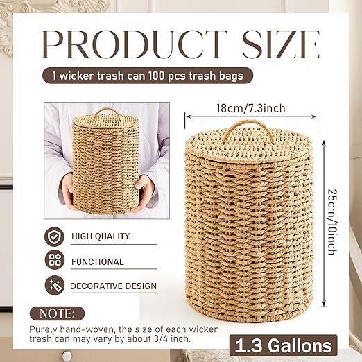 Ctosree 1.3 Gallons Small Trash Can with Lid Handle Boho Woven Braided Bathroom Waste Basket Trash Can with 100 Garbage Bags for Bedroom Office Laundry(Braided Paper Rope, Primary Color)