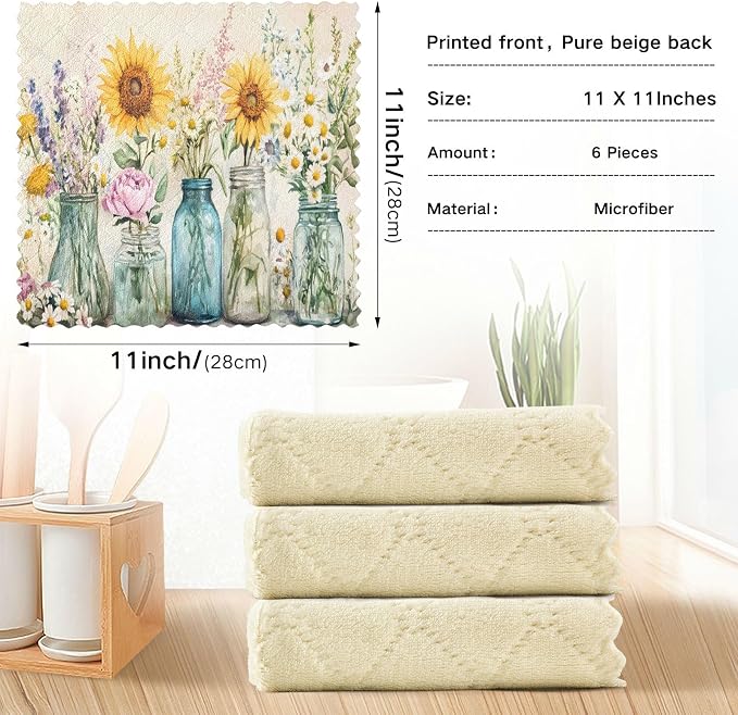ALAZA Kitchen Towels Spring Floral Jars Dish Towels Multipurpose Reusable Dish Cloths Soft Cleaning Cloth Kitchen Accessories Set of 6,11"x11"