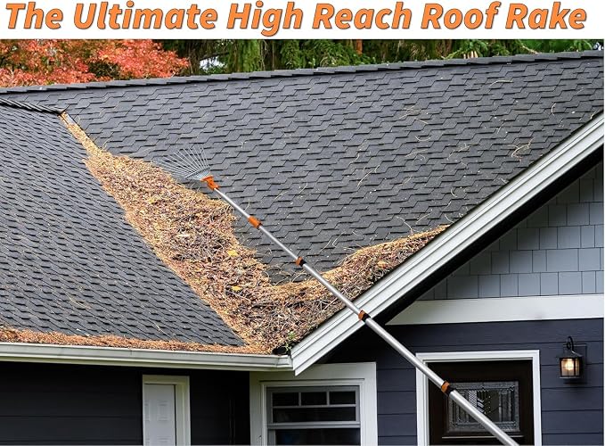 4-12 ft Telescoping Roof Rake 20 ft Reach // Collapsible Roof Rake for Leaves and Pine with Extension Pole // Roof Cleaning Tool for Gardening and Lawns // High Reach Adjustable Metal Leaf Raker