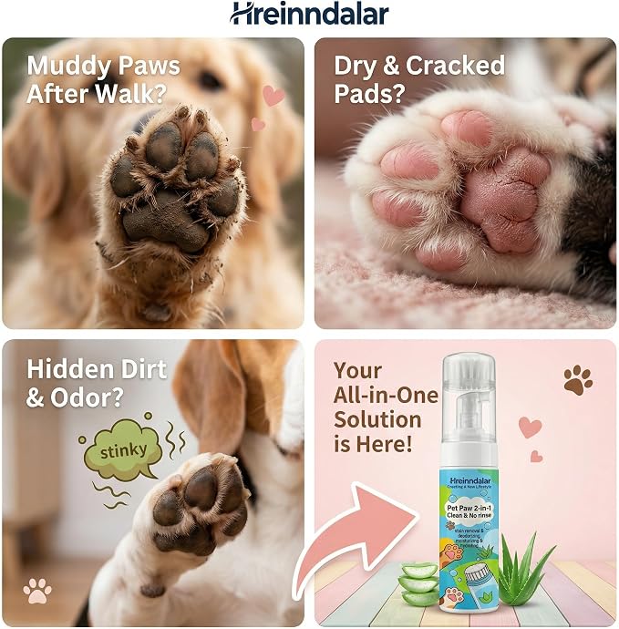 2-in-1 Dog Paw Cleaner Foam with Scrubber Brush | Waterless No Rinse Foaming Washer for Mud, Dirt & Stain Removal | Deodorizing and Moisturizing Pet Care Formula | Gentle for Dogs & Cats