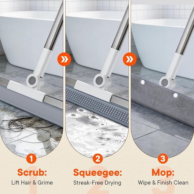 Floor Squeegee Broom with Rubber Scrubbing Teeth, 2-in-1 Magic Broom with 58 Inch Telescopic Handle, Wide Shower Floor Squeegee for Bathroom, Garage, Kitchen, Tile, Concrete, Pet Hair and Water
