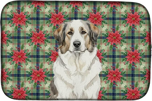 Caroline's Treasures Badger Great Pyrenees Christmas PoinsettIas Dish Drying Mat Absorbent Dish Drying Mat Pad for Kitchen Counter Dish Drainer Mat for Countertop, 14 x 21", Multicolor