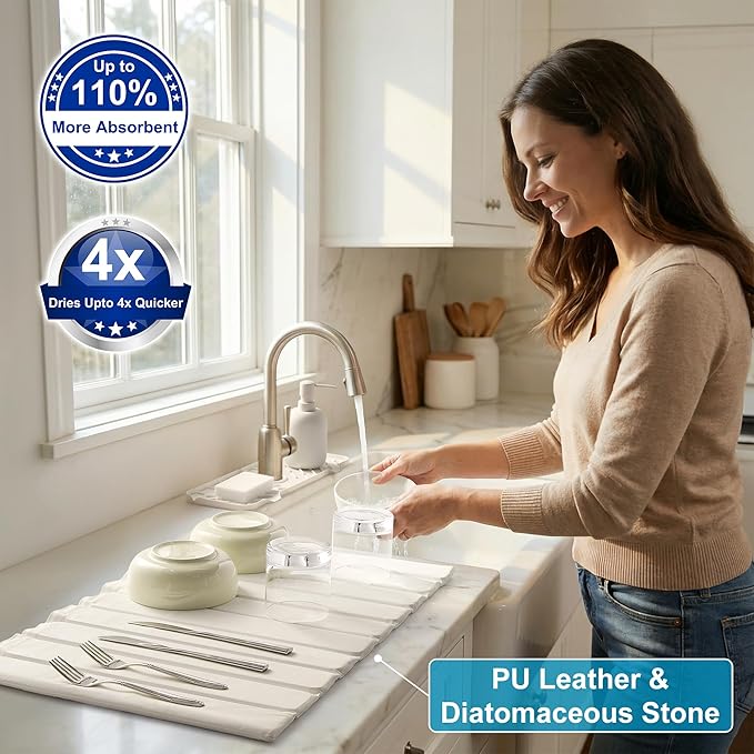 Large PU Leather Surface Quick Drying Dish Drying Mat with Diatomaceous Earth Stone For Kitchen Counter 25"x16" – Foldable and Absorbent Kitchen Counter Mat, Includes Silicone Faucet Mat White