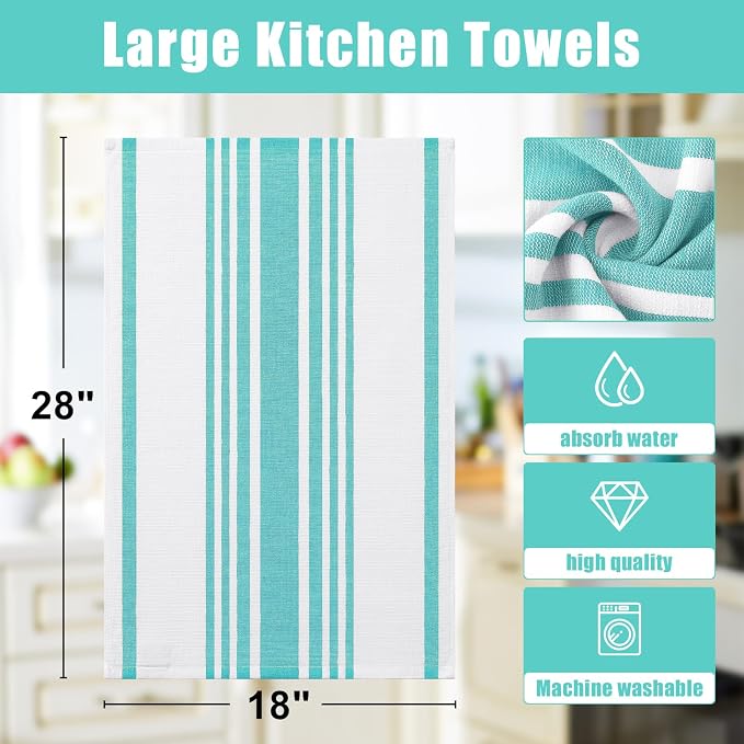 Homaxy Premium Kitchen Towels 18”x 28”, Large Cotton 380 GSM Kitchen Hand Towels, Stripe and Terry Dish Towel, Highly Absorbent Tea Towel Set with Hanging Loop, 8 Pack, Teal