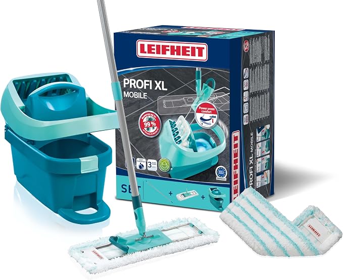 Leifheit Floor Cleaning Profi XL Mop and Bucket Set – 42 cm Microfibre Mop for Large Floors with 360° Joint, Foot-Pedal Wringing System, Heavy Duty 8 L Bucket, Easy Moist or Wet Cleaning, Turquoise