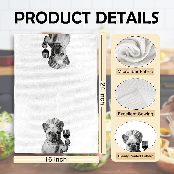 Funny Chef French Bulldog Kitchen Towels Set of 2, French Bulldog Dog Gifts for Women Dish Tea Towels for Kitchen, Dog Mom Lovers Owner Gifts Decorative Hand Towel, 16x24 Inch