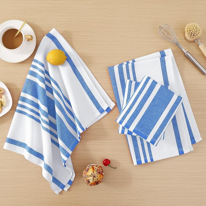 Homaxy Premium Kitchen Towels 18”x 28”, Large Cotton 380 GSM Kitchen Hand Towels, Stripe and Terry Dish Towel, Highly Absorbent Tea Towel Set with Hanging Loop, 8 Pack, Blueberry