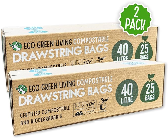 Eco Green Living 40L Compostable Biodegradable Food Waste Bin Bags, Thick, Strong & Leakproof. Caddy Liners 100% Plant-Based, Plastic-Free, Drawstring Bin Liners, Fits 30–40L Bins, 50 Bags