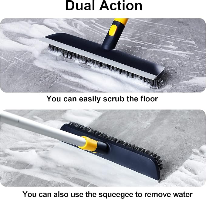 Yocada Floor Squeegee Scrubber and Floor Scrub Brush Set Telescopic Handle for Garage Courtyard Shower Bathroom Pet Hair Fur Floor Marble Glass Tile Water Foam Cleaning