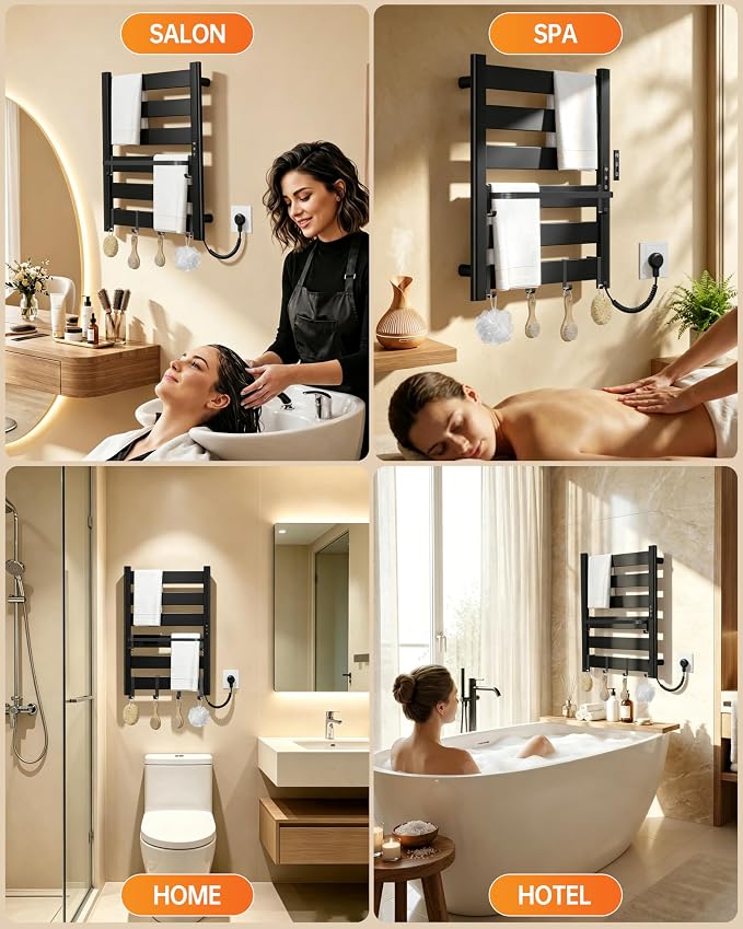 6-Bar Wall-Mounted Heated Towel Rack – Fast PTC Heating in 6 Minutes, Adjustable Temperature & Timer, Space Aluminum, Matte Black, Large Capacity Blanket Warmer,Towel Warmer for Family Bathrooms
