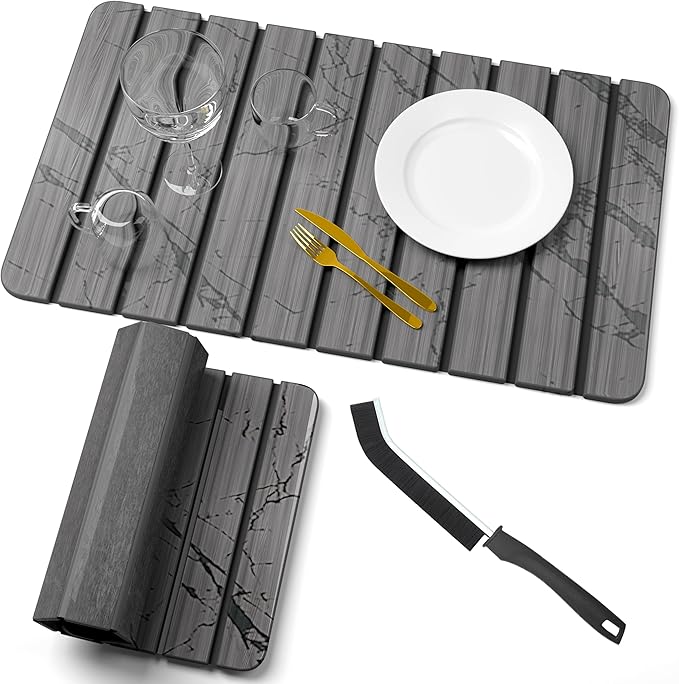 Foldable Stone Dish Drying Mat for Kitchen Counter, 24” x 16” Large Diatomaceous Earth Quick Dry Mat, Absorbent Sink Tray with Brush for Dishes, Cups, and Bottles