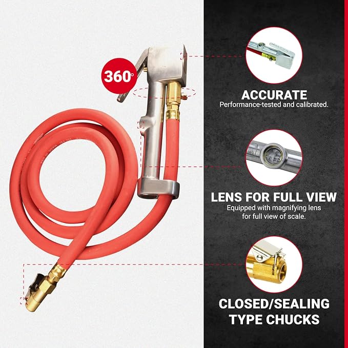 Milton 518 Analog Tire Inflator with Pressure Gauge, 5' Hose Easy Straight Clip-on Chuck, Made In USA (OSHA Compliant) 10-160 PSI