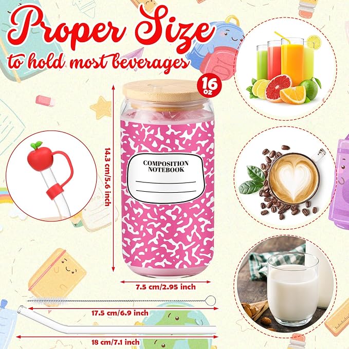 Sliner 3 Pcs Teacher Glass Cups Gifts Tumbler with Lid Straw and Apple Straw Tips 16 oz Iced Coffee Drinking Glasses Reusable Composition Notebook Cup for Student Home Office Classroom Party Supplies
