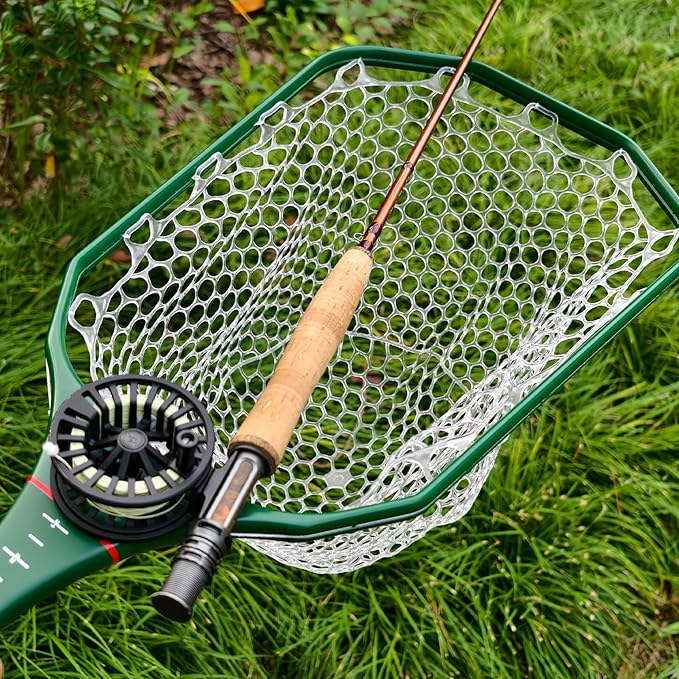 Aventik Floating Fly Fishing Net Carbon Fiber Square Landing Net with Accurate Measuring Handle Clear Rubber Ghost Mesh for Professional Trout Fishing Catch & Release