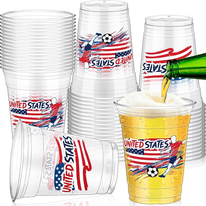 Jingmore 50 Pcs Soccer Plastic Cups 12 oz International Countries Soccer Disposable Plastic Cups Thick Clear Drinkware for Sports Games Party Supplies (United States)