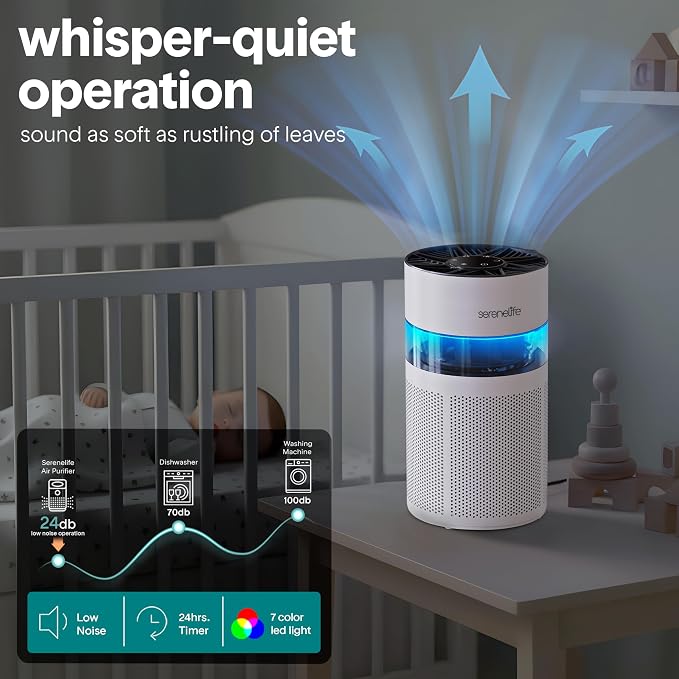 SereneLife Portable Air Purifier | Small Air Purifier For Home, Allergies, Pet Hair & Bedrooms | Filter Change Reminder & Aroma Box | Filtration Removes Dust, & Smoke Odor | Timer & Sleep Mode | White