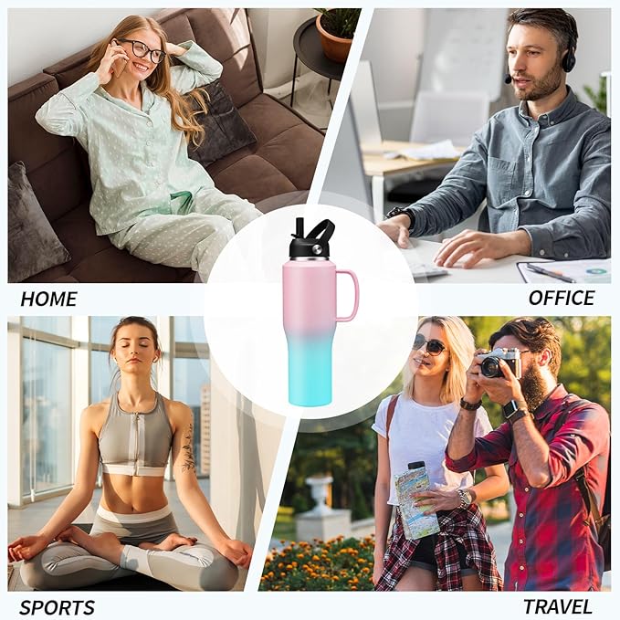 Insulated Water Bottle 32 OZ - with Straw & Pop-up Spout Lid, Keep Cold-48H Hot-12H, Stainless-Steel with handle for Women Men, Metal Flask Water Bottle Fits in Cup Holder
