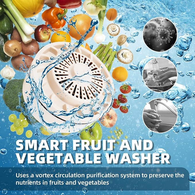 Cleaner, Portable Food Cleaner for Removing Surface Impurities, Wax & Grime, 10-Minute Automatic Cleaning, IPX7 Waterproof. Applicable to Fruits, Meat, Veggies and Grains.
