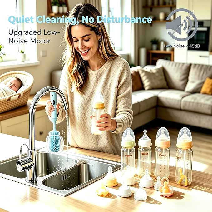 Rechargeable Electric Bottle Brush with 2 Speeds Powerful Automatic Bottle Cleaner,BPA-Free Silicone Spinning Design, Wall Mount & Straw Cleaner,Suitable for Baby Bottles & Kitchen (Alan+Alan)