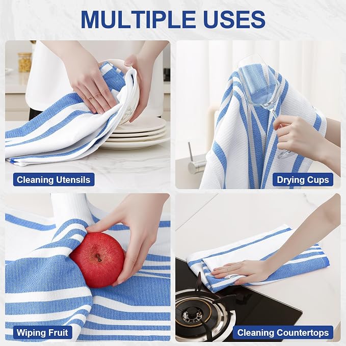 Homaxy Premium Kitchen Towels 18”x 28”, Large Cotton 380 GSM Kitchen Hand Towels, Stripe and Terry Dish Towel, Highly Absorbent Tea Towel Set with Hanging Loop, 3 Pack, Blueberry