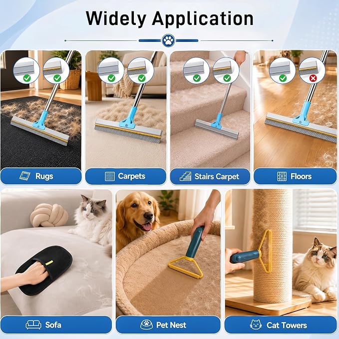 3-in-1 Carpet Rake for Pet Hair Removal, Reusable 54" Adjustable Long Handle Pet Hair Remover for Couch, 3 PCS Carpet Rake Scraper, Pet Hair Broom for Carpet, Rugs, Couch, Floor Scraping
