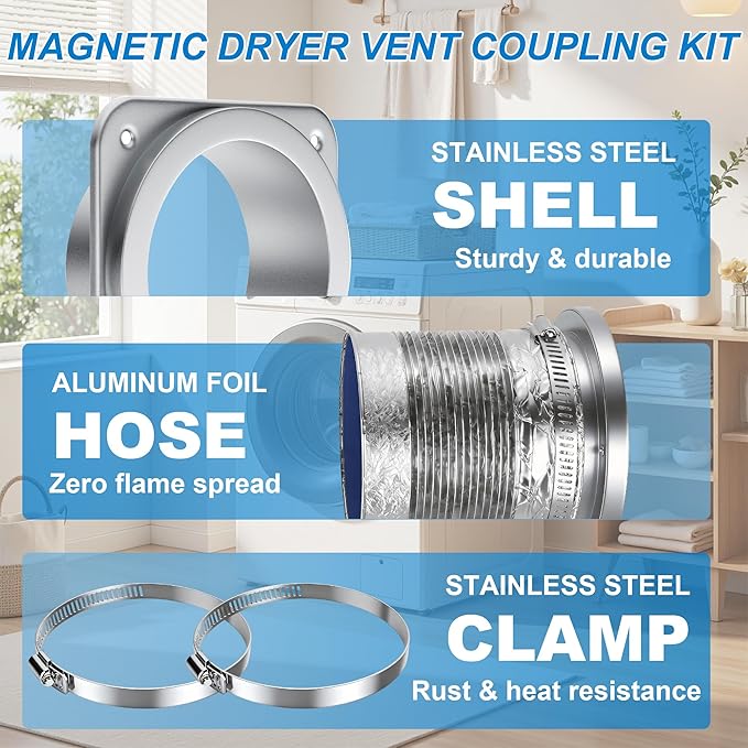 Magnetic Dryer Vent Connector Kit - Strong Magnet Airtight Seal Dryer Vent Hose for Tight Space, Quick Connect Disconnect, Easy to Clean 4-inch Sealed Hose with Clamps & Screws