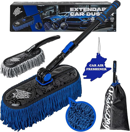 Flash Dog Car Duster Exterior with Car Duster Interior Wax Cotton Hair Scratch Free Cleaning for Cars, SUVs, Trucks | Waterless Dust Remover & Detailing Brushes Set with Storage