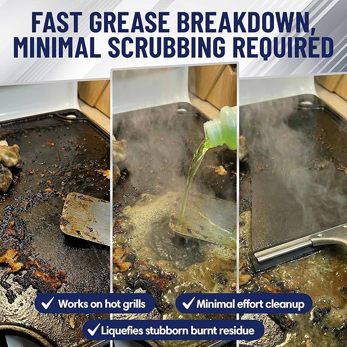 Griddle-Whiz Grill & Griddle Cleaner (4-Pack) | Removes Grease, Food Residue, Burnt On Organics | High Heat Flat Top Grill Cleaner, Food Contact Surface | Non-Caustic Formula by FryOilSaver (32oz)
