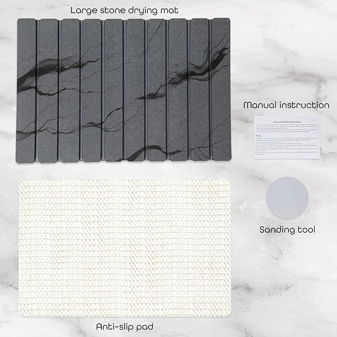 Stone Dish Drying Mat 24" x 16" – Dish Drying Stone – Large Diatomaceous Earth Drying Mat with Non-Slip Base – Quick Dry Kitchen & Bathroom Drying Pad for Dishes Marbled Dark Grey)