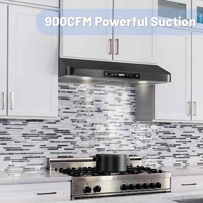 Range Hood 30inch Under Cabinet, 900CFM Black Kitchen Vent Hood with Gesture/Touch Control and Permanent Stainless Steel Filters, Ducted Vent, Top and Rear Vents