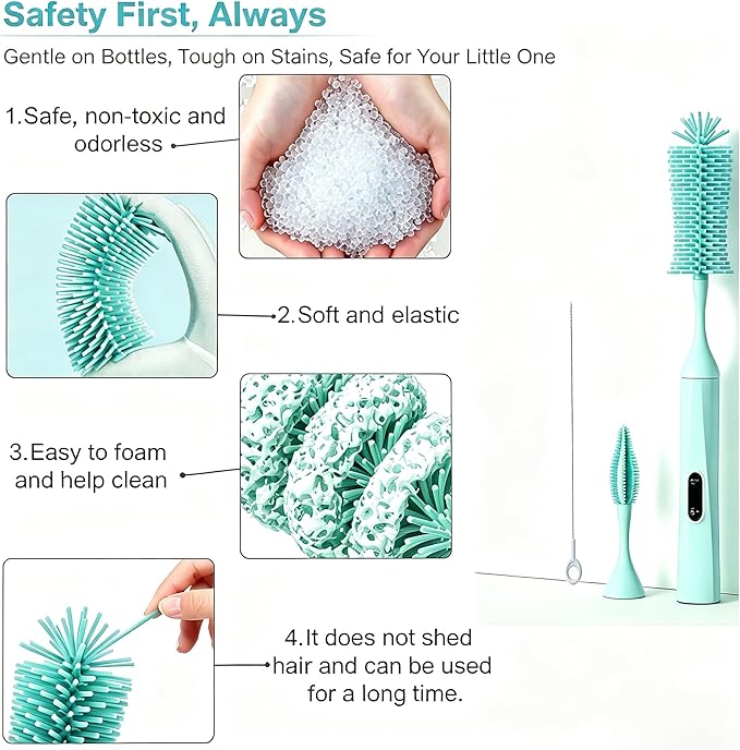 Rechargeable Electric Bottle Brush with 2 Speeds Powerful Automatic Bottle Cleaner,BPA-Free Silicone Spinning Design, Wall Mount & Straw Cleaner,Suitable for Baby Bottles & Kitchen (Alan+Alan)