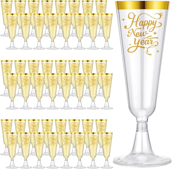 Jingmore 48 Pack 2027 Happy New Year Gold & Sliver Rimmed Plastic Champagne Flutes Cheer to 2027 Celebration New Years Eve Party Supplies 5oz Disposable Cocktail Cups Transparent Party Favors (Gold)