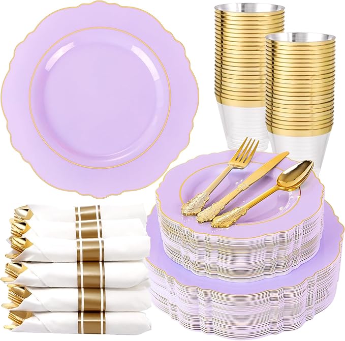 Liacere 350PCS Purple Plastic Plates - Disposable Lavender Plates 50guest Plastic Dinnerware include 100Light purple Plates,50Pack Pre Rolled Napkins Silverware 50Cups for Wedding & Party