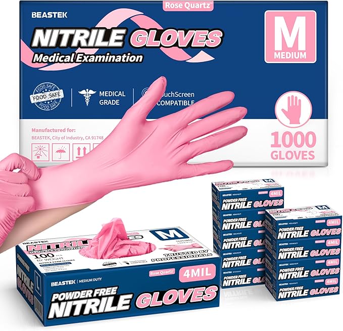 Beastek Nitrile Exam Gloves, 4Mil Disposable Powder-Free Latex-Free Glove for Medical Cooking Clean Esthetician Pink 1000 Pcs