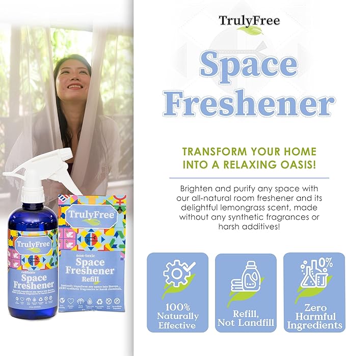 Truly Free Space Freshener Starter Kit, Lemongrass Essential Oil - Car and Air Fresheners for Home, Natural Odor Eliminator Room Spray, 12 oz Empty Bottle + One (3 oz) Fill - No Synthetic Fragrances