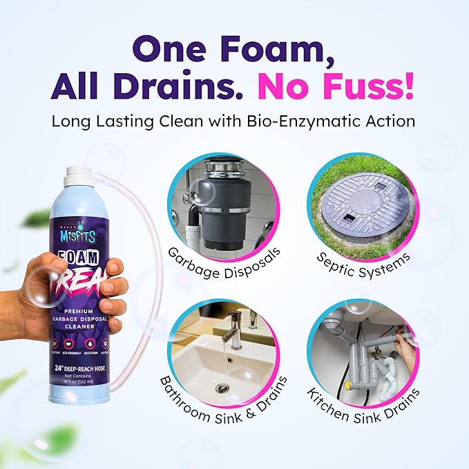 Foaming Garbage Disposal Cleaner with 24-Inch Hose | Deep Reach Drain Cleaner & Deodorizer | Odor Eliminator for Kitchen Drains & Disposals | Heavy-Duty Foaming Action | 1-Year Supply Per Can