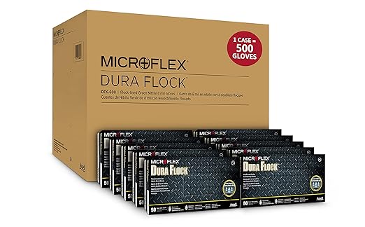 Ansell Microflex Dura Flock DFK-608 Thick 11mil Nitrile Gloves w/Flock Lining for Automotive, Aftermarket, Machinery - XX-Large, Green (Case of 500)